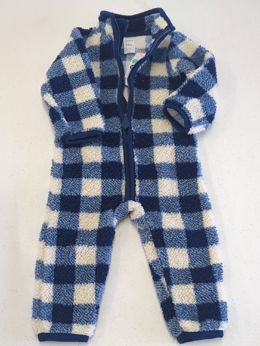 Carter's Blue and Cream Buffalo Check Fleece One-Piece Footie